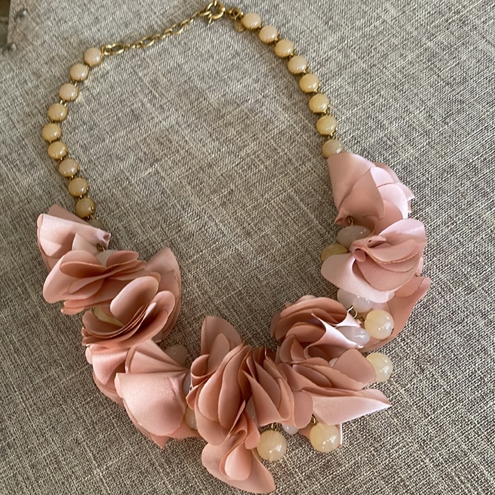 J. Crew Goldtone Pink Fabric Flower & Glass Bead Statement Necklace